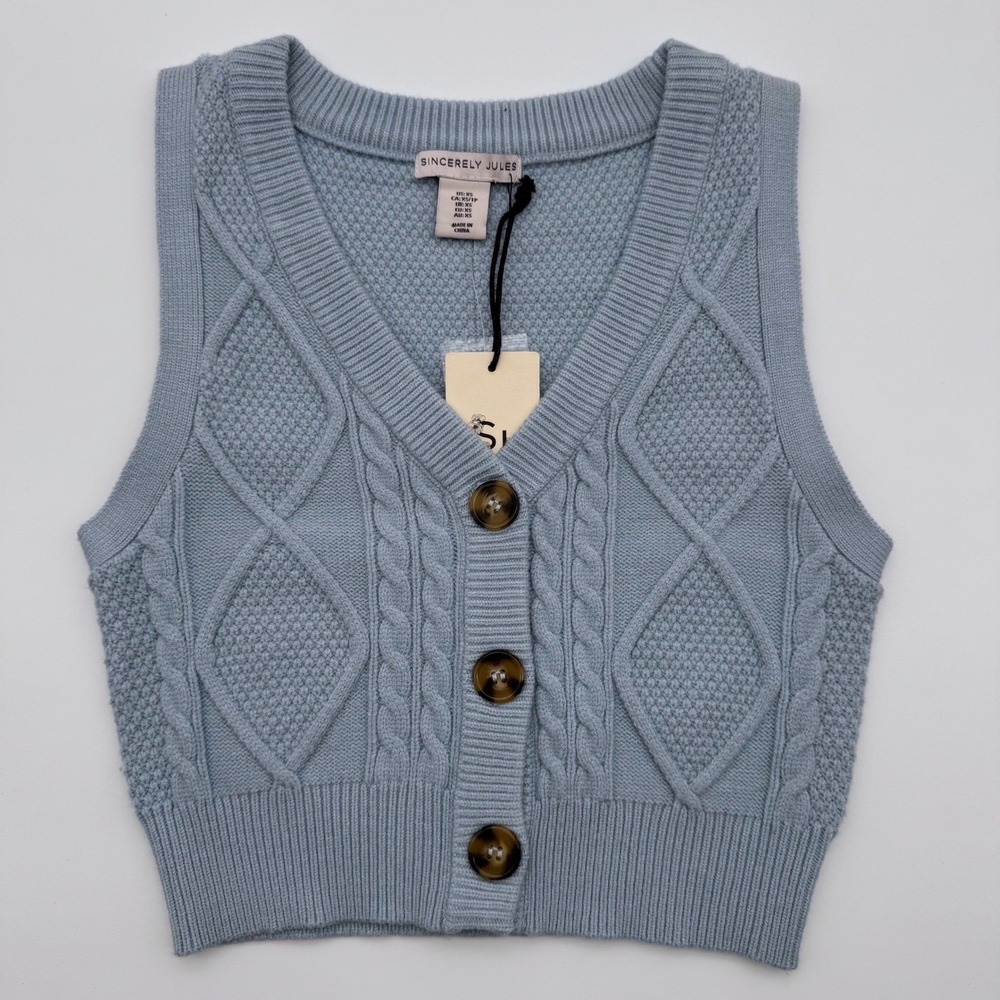 Sincerely Jules Womens Cable Knit Sweater Vest Light Blue Cropped‎ V-Neck XS NWT